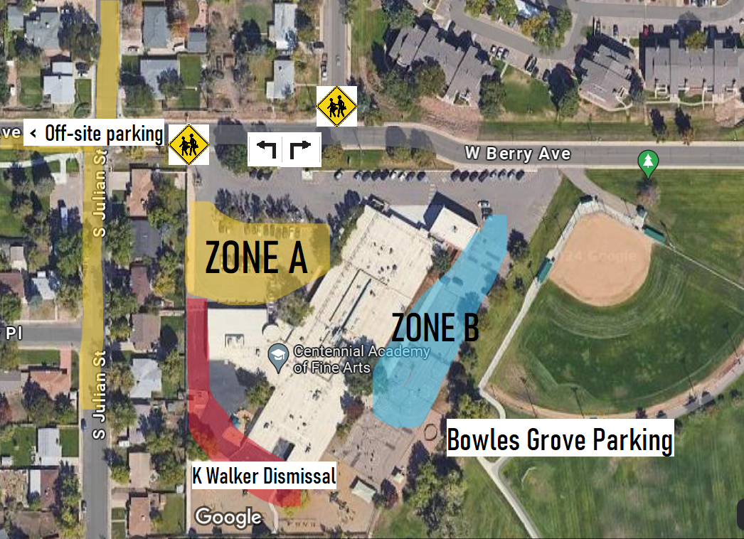 Arrival and Dismissal map with written instructions explaining what the image is conveying